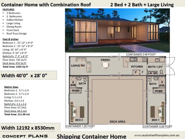 2 Bedroom Container Home: 1200 Combination